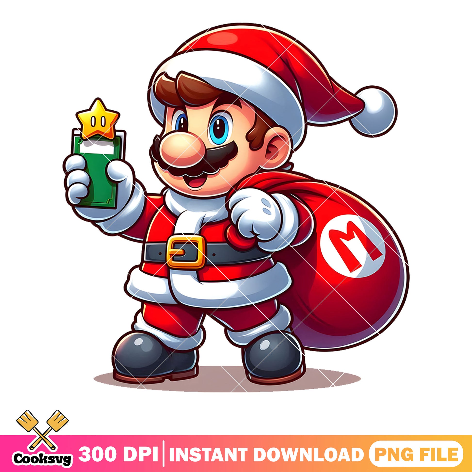 Mario santa claus png, christmas mario png, mario gift star png