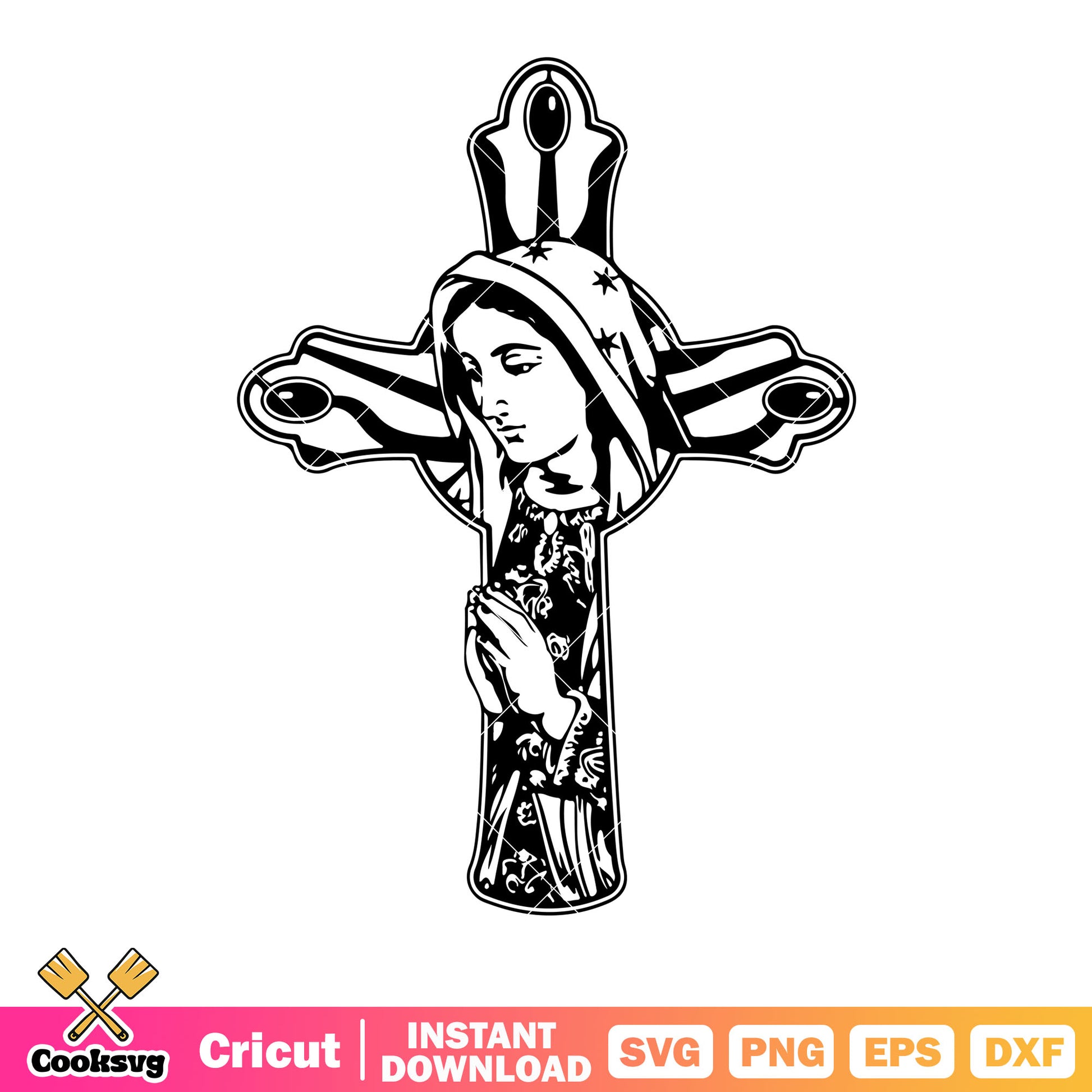 Mary cross svg, black and white art​ svg, Blessed Virgin Mary svg