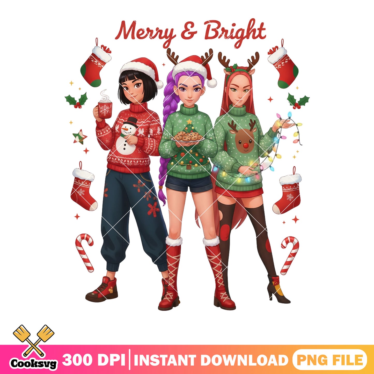 Merry and bright png, kpop demon hunters png, christmas png