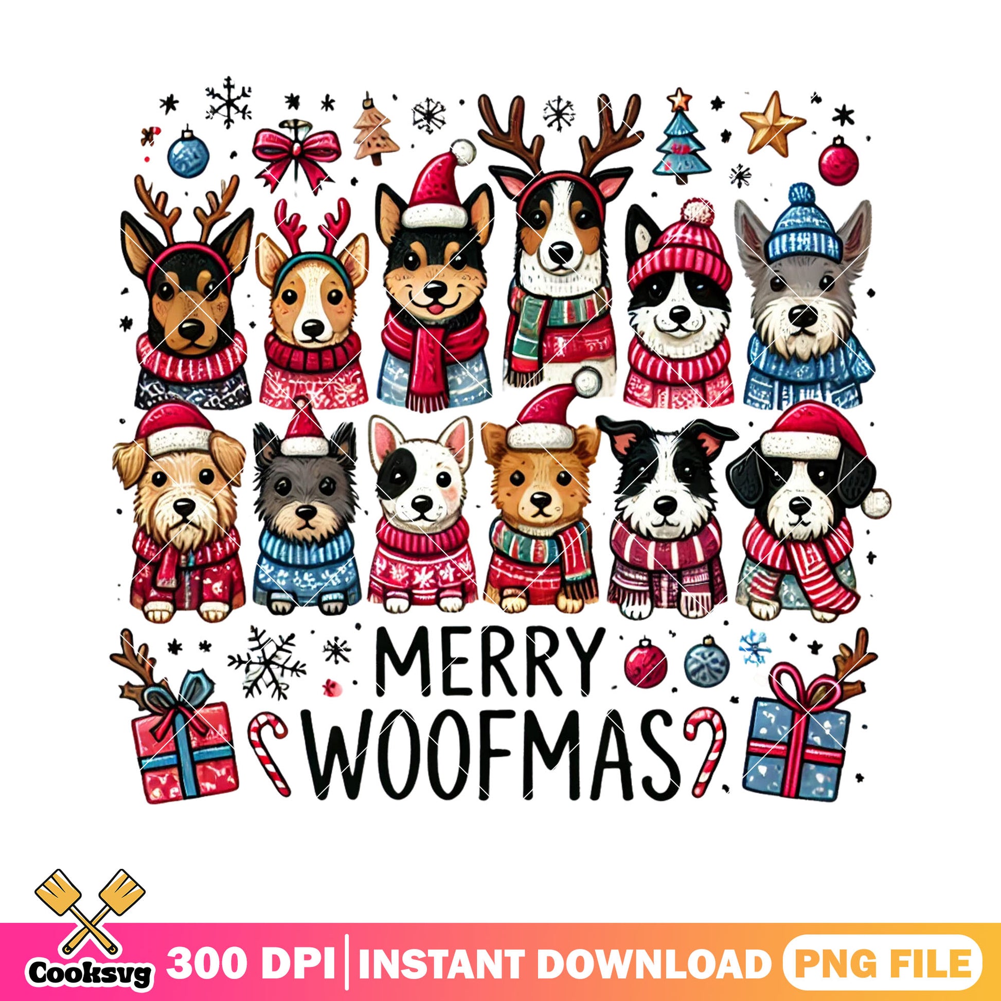 Merry woofmas png, christmas vibes png, christmas gifts png