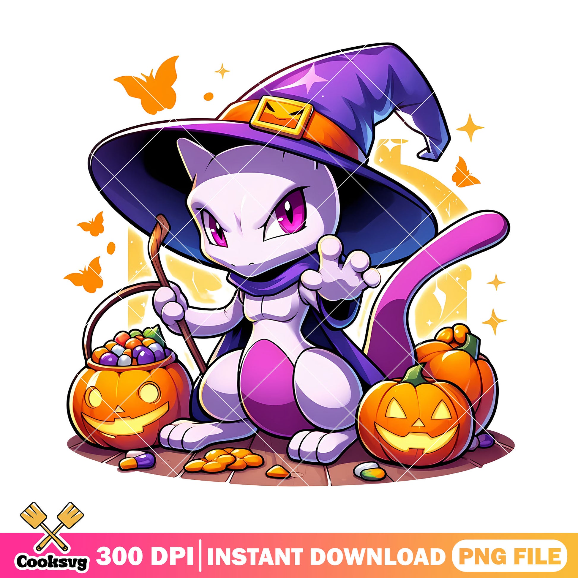 Mew witch pumpkin hat png, halloween custome png, pokemon movie png (2)