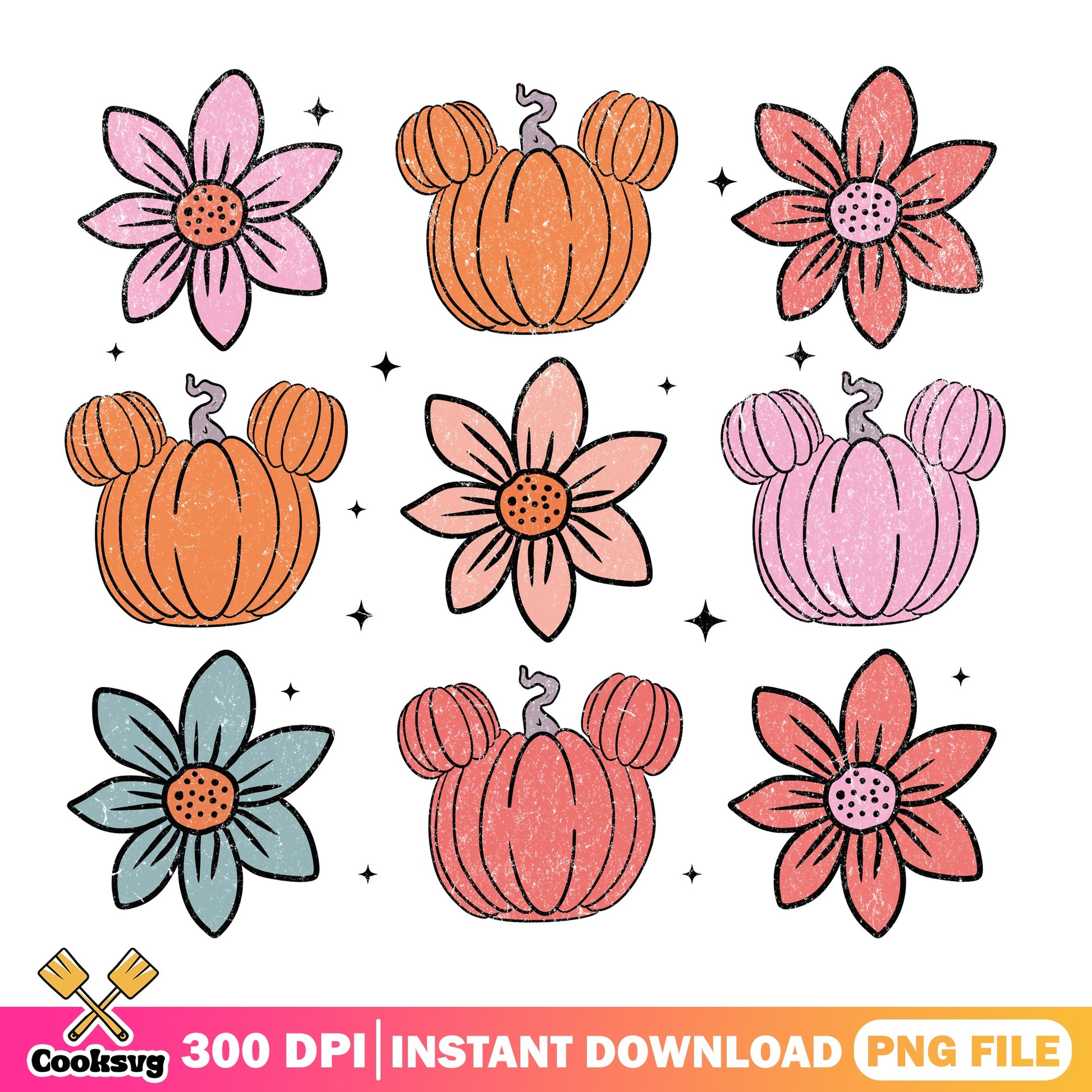 Mickey Mouse Pumpkin Halloween PNG Bundle, Disney Fall PNG, Floral PNG