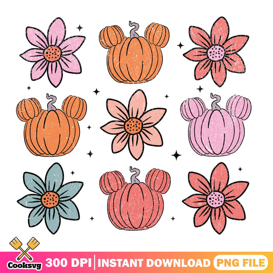 Mickey Mouse Pumpkin Halloween PNG Bundle, Disney Fall PNG, Floral PNG