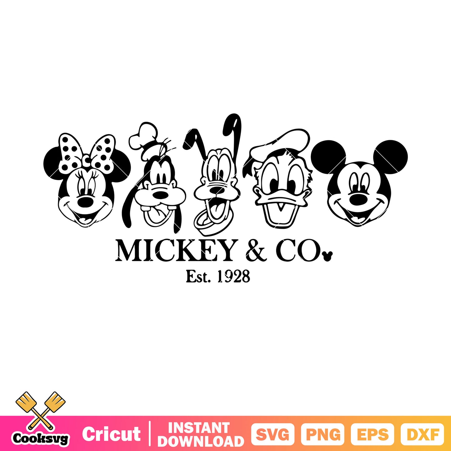 Mickey and co est 1928 outline svg design, mickey and co svg, mickey and friends