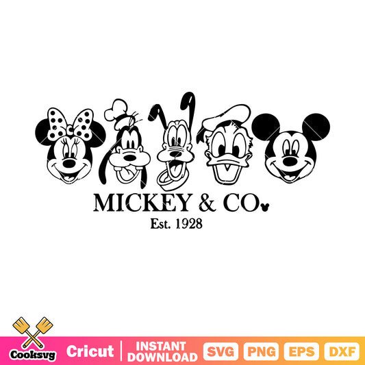 Mickey and co est 1928 outline svg design, mickey and co svg, mickey and friends