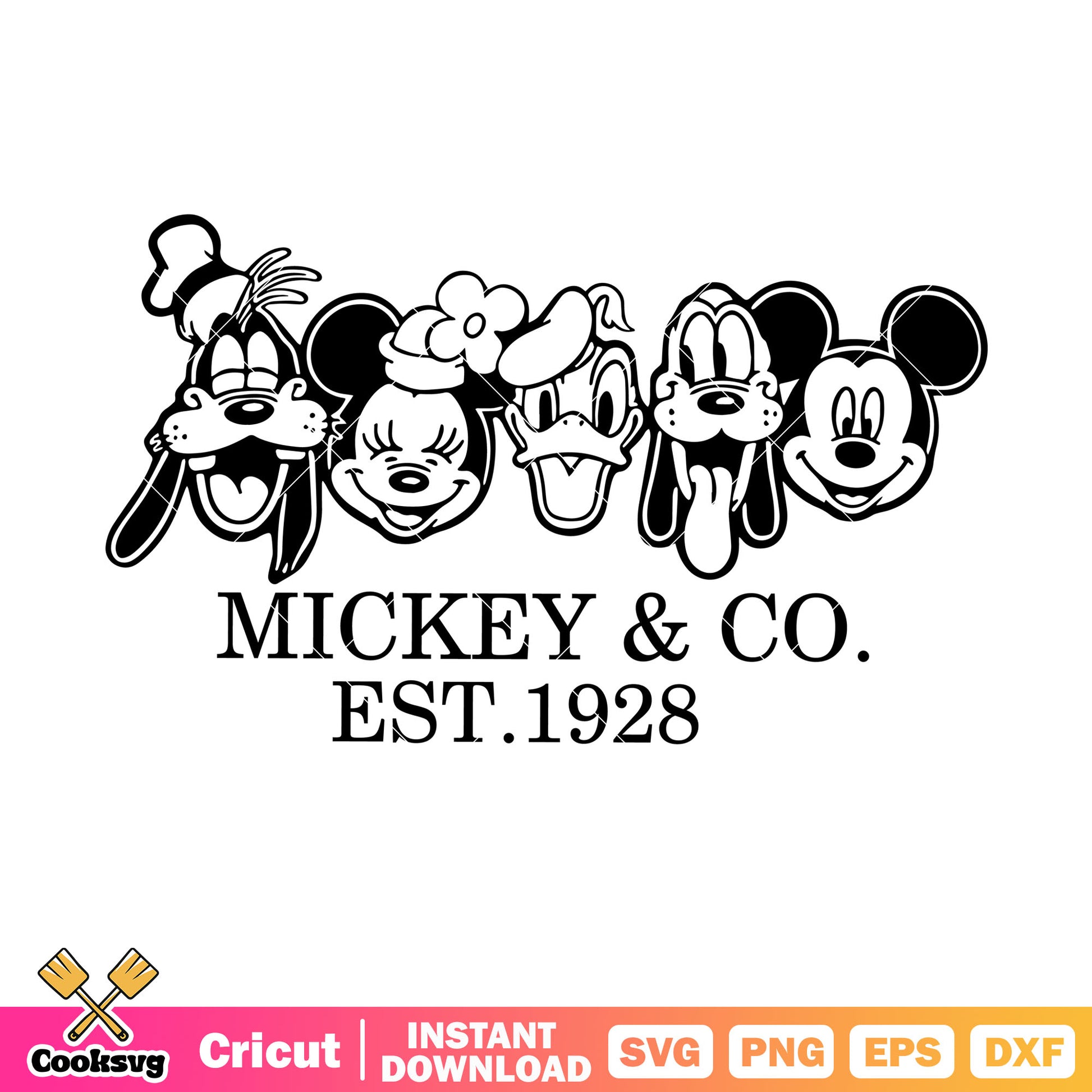 Mickey and co est 1928 outline svg file, mickey and co svg, mickey and friends