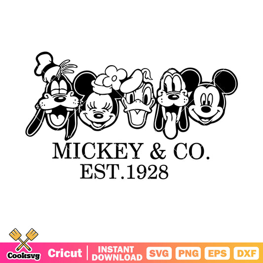 Mickey and co est 1928 outline svg file, mickey and co svg, mickey and friends