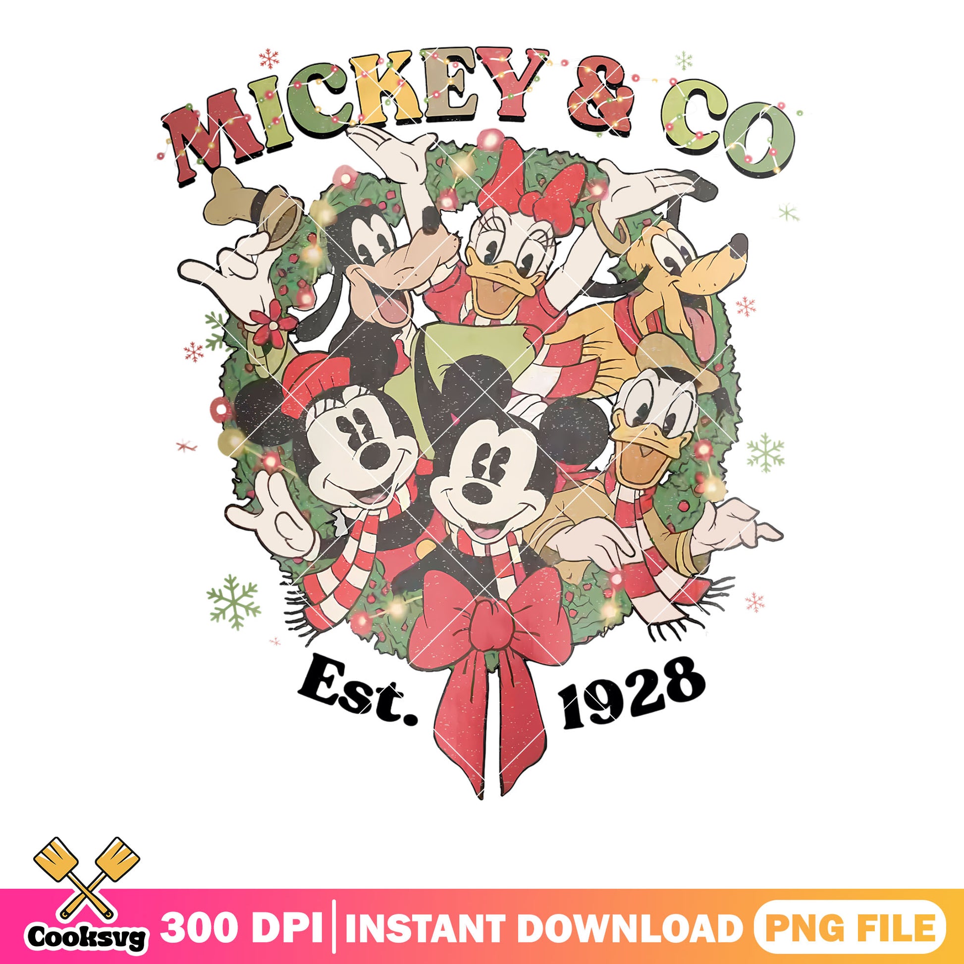 Mickey and co est 1928 png, disneyland png, christmas wreath png