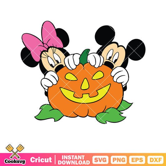 Mickey and minnie behind pumpkin svg