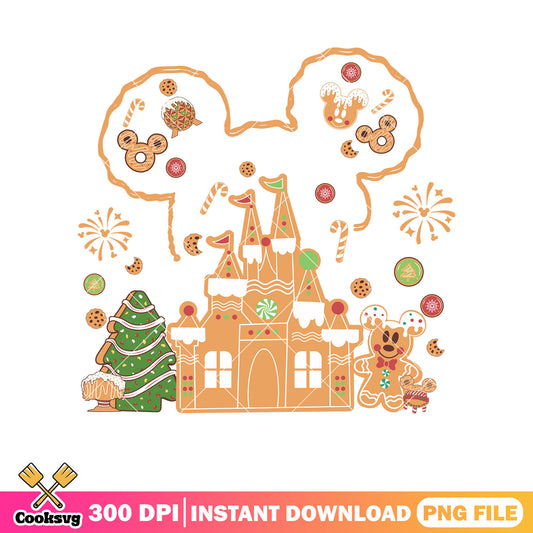 Mickey mouse castle head gingerbread christmas png, mickey castle png, gingerbread man png