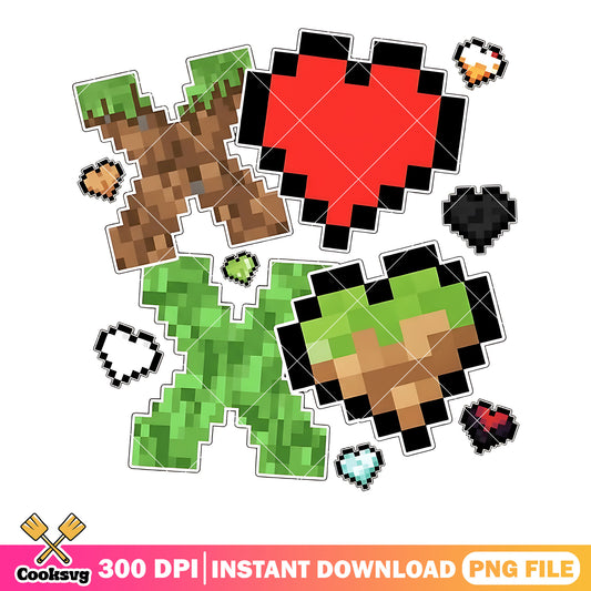Minecraft style png,pixel art hearts png,gaming love theme png