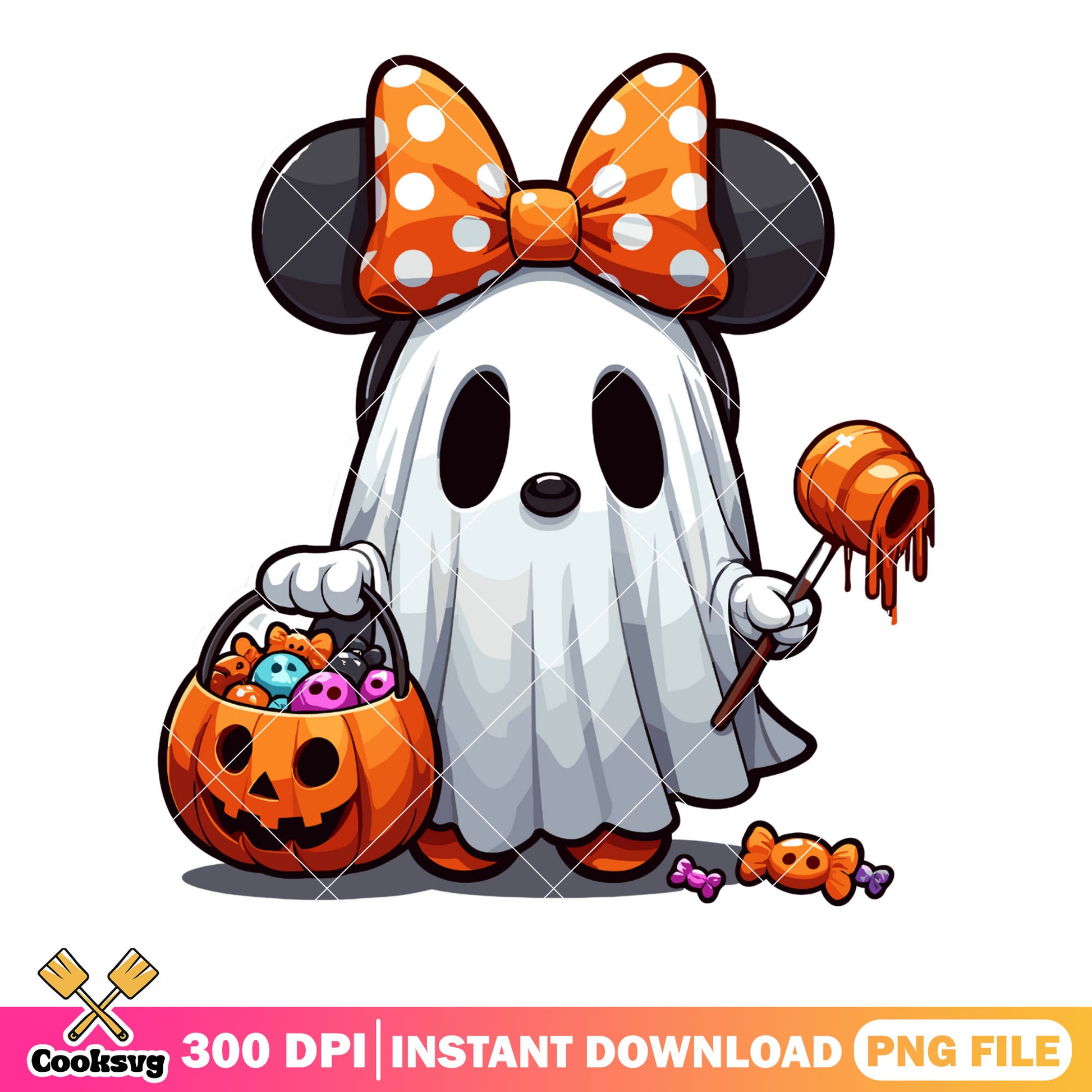 Minnie baby ghost png, trick or treat png, orange bow tie png
