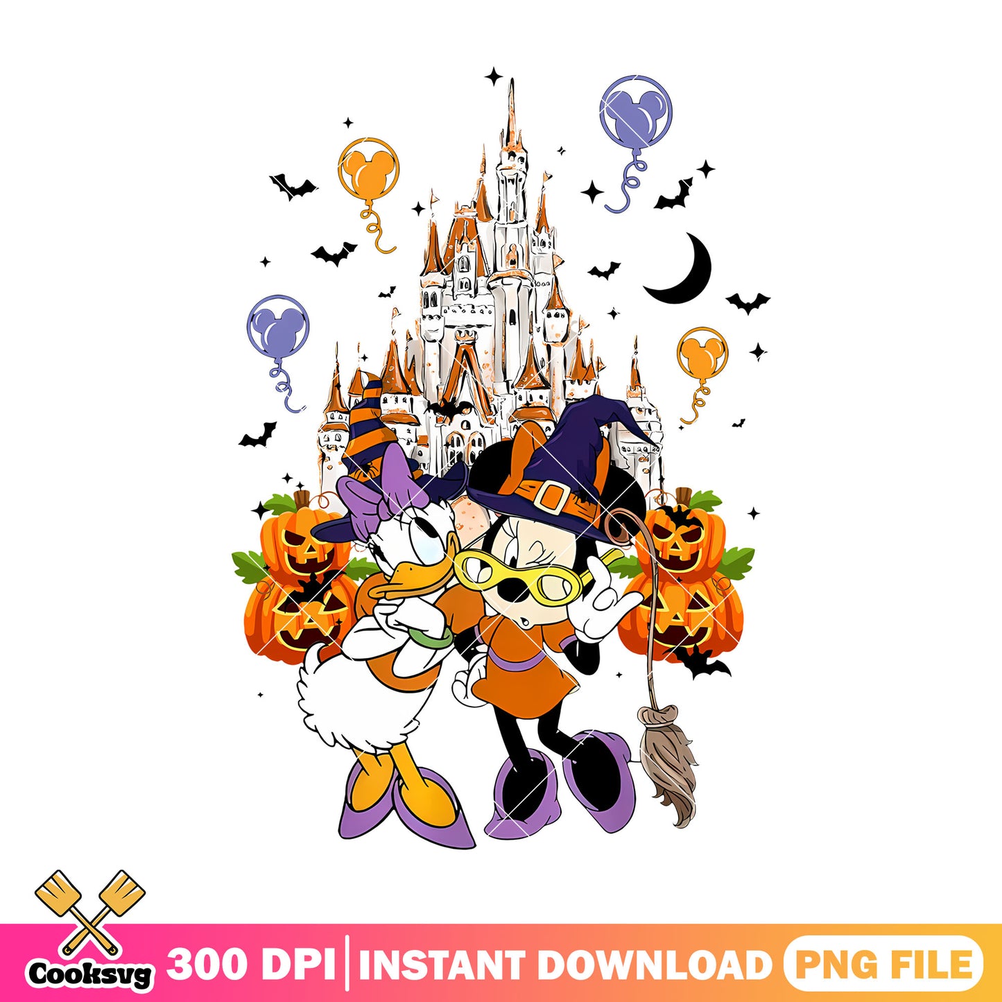 Minnie daisy halloween png, minnie castle png, minnie halloween png