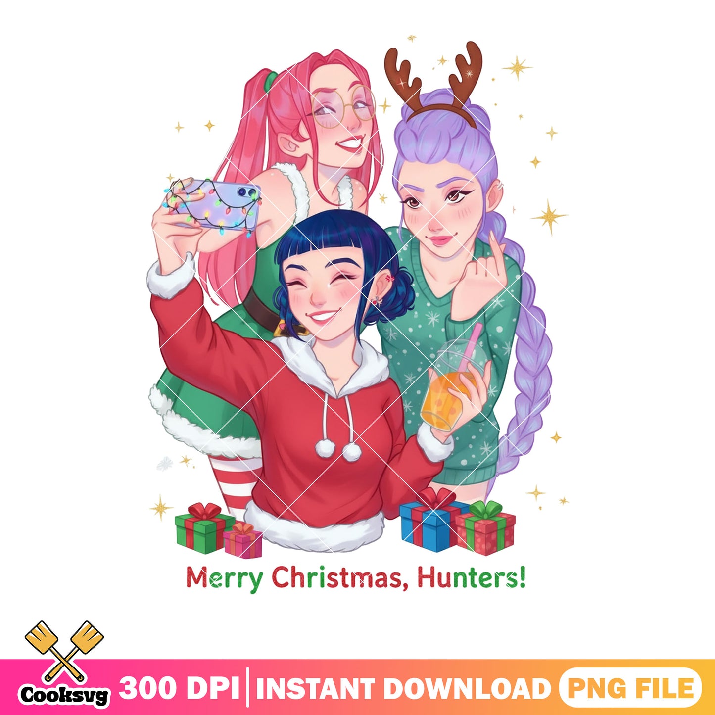 Mira rumi zoey selfie christmas png, huntrix png, christmas gifts png