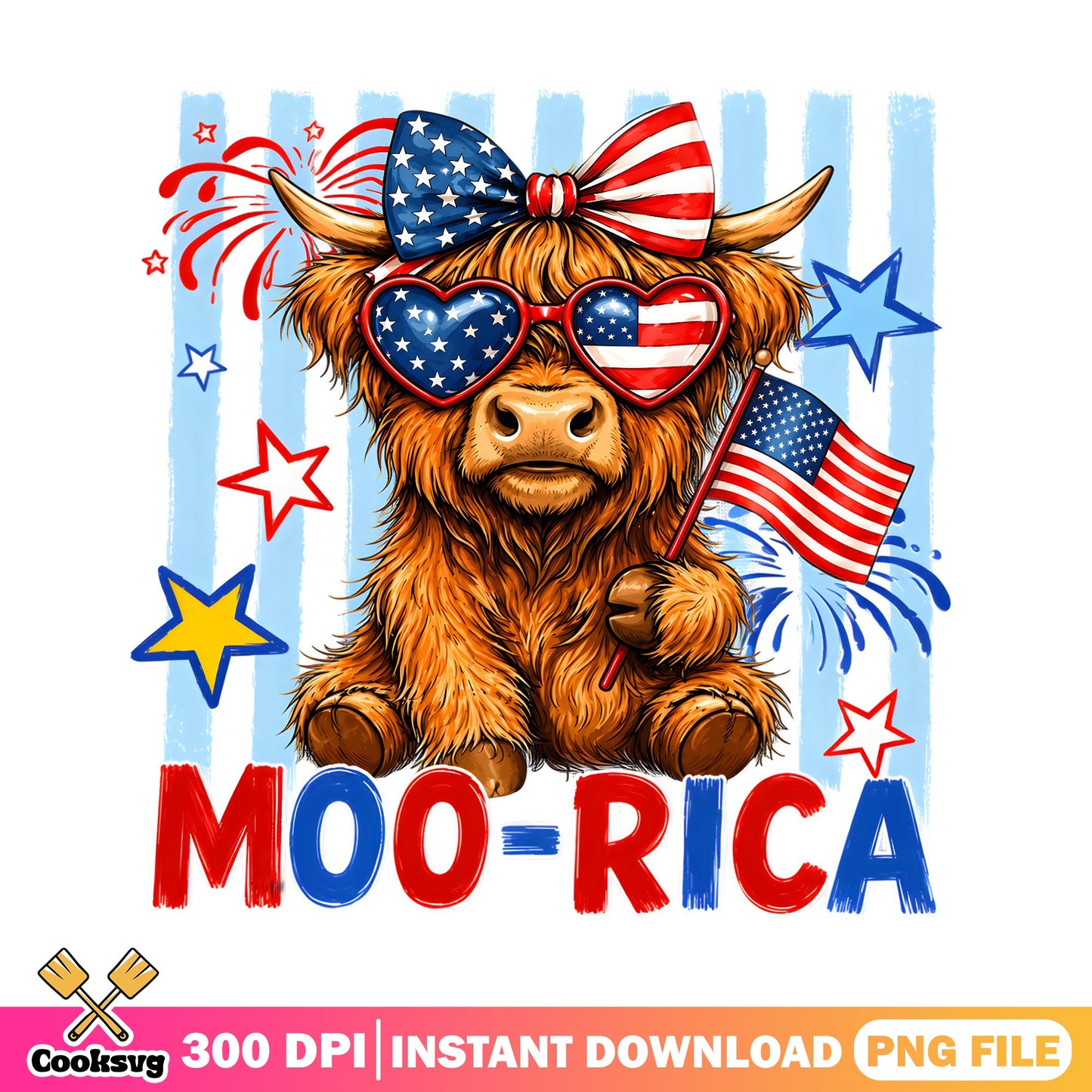 Moo-Rica Highland Cow PNG, 4th Of July PNG, Patriotic Cow PNG