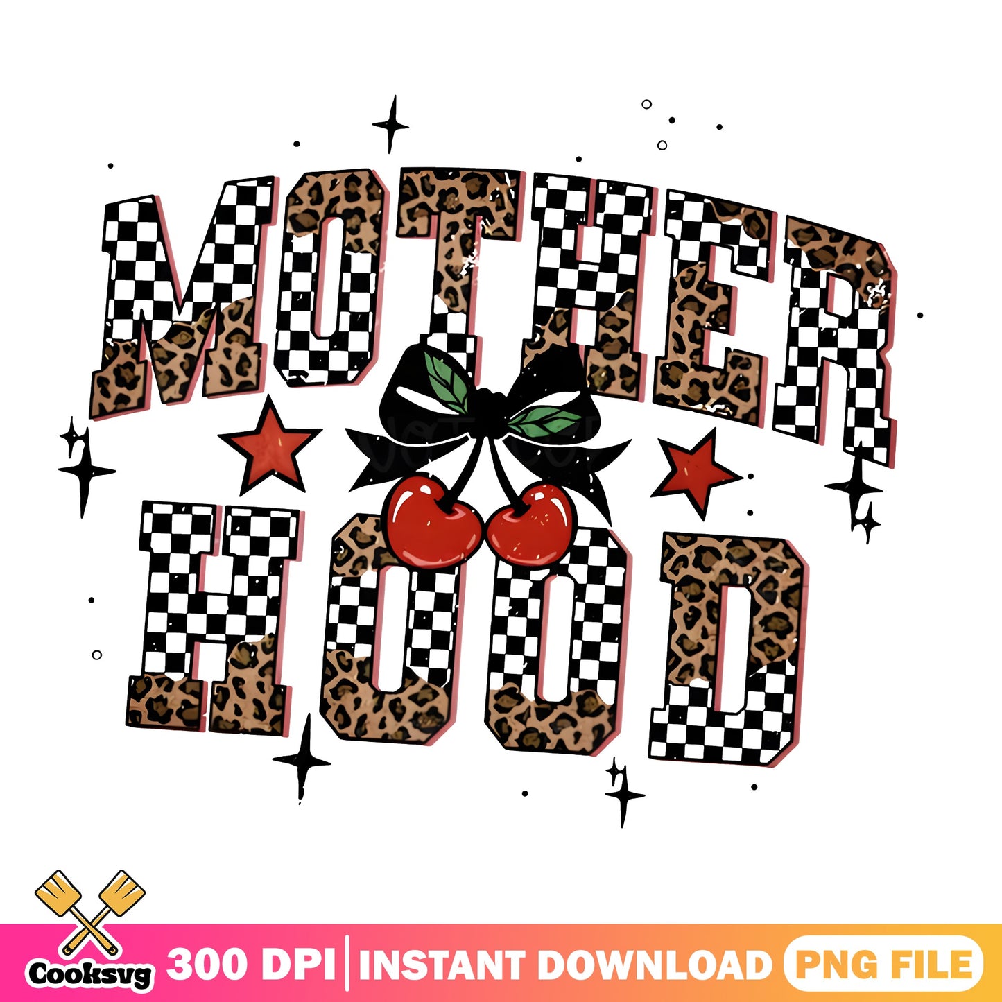 Motherhood Leopard Checkered PNG, Cherry Bow Mom PNG, Mother's Day PNG