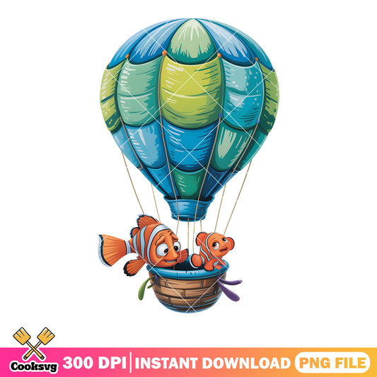 NEmo and dad on hot air balloon png, clownfish marlin png, nemo png