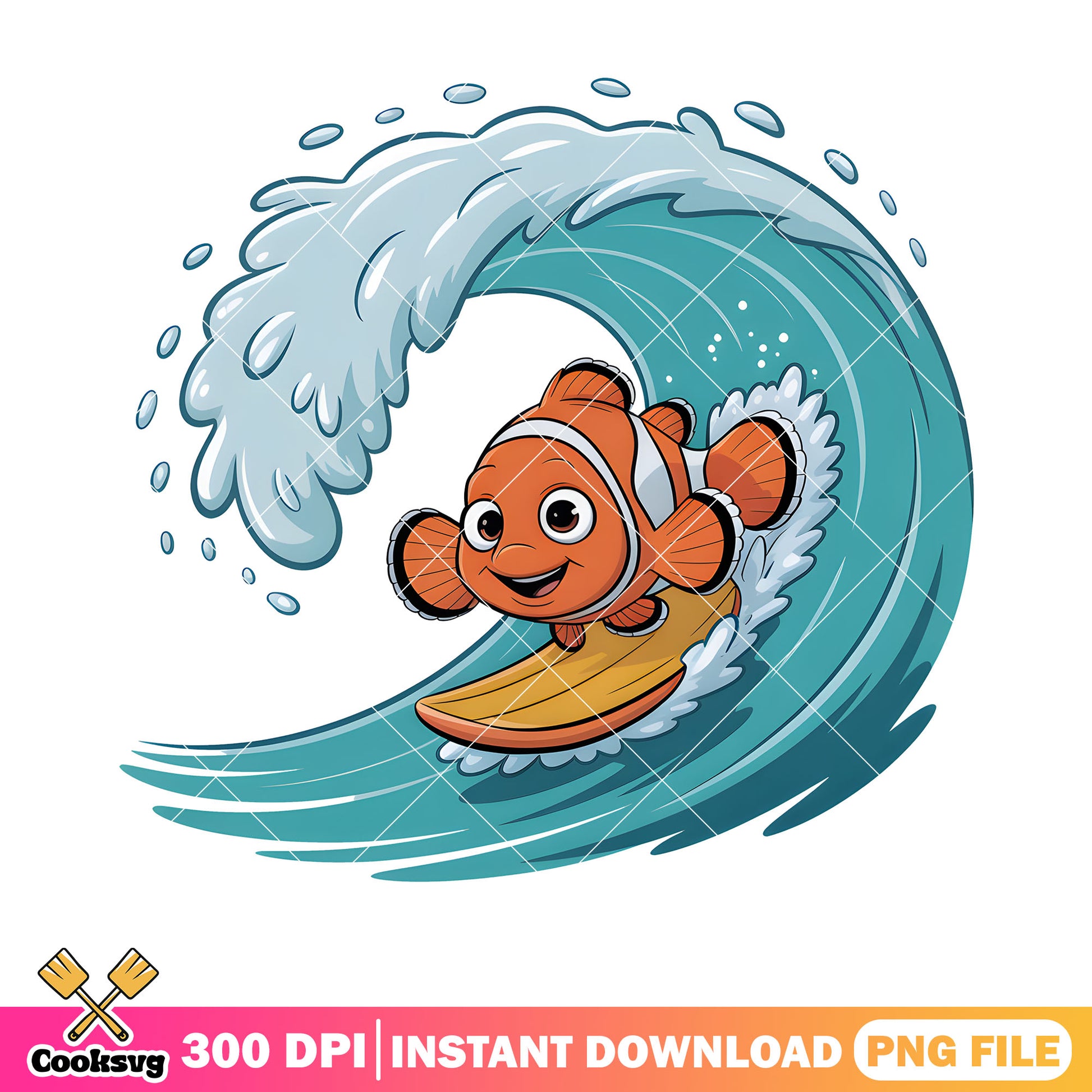 NEmo surfing beach vibes png, disney sticker png, poster nemo png