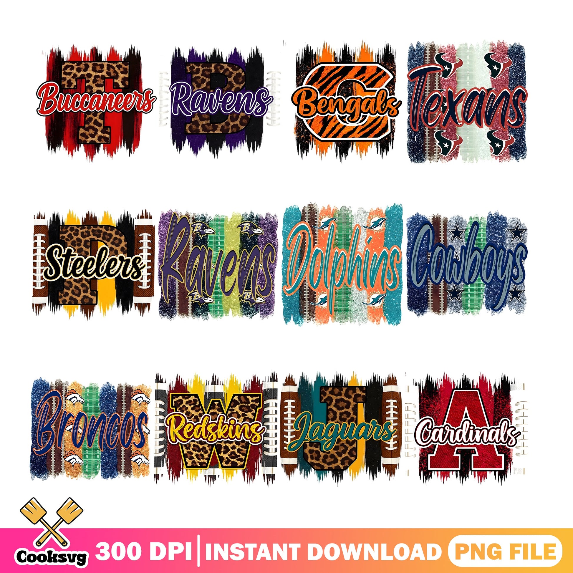 NFL Teams Bundle PNG, Football Leopard Brushstroke, Sports PNG