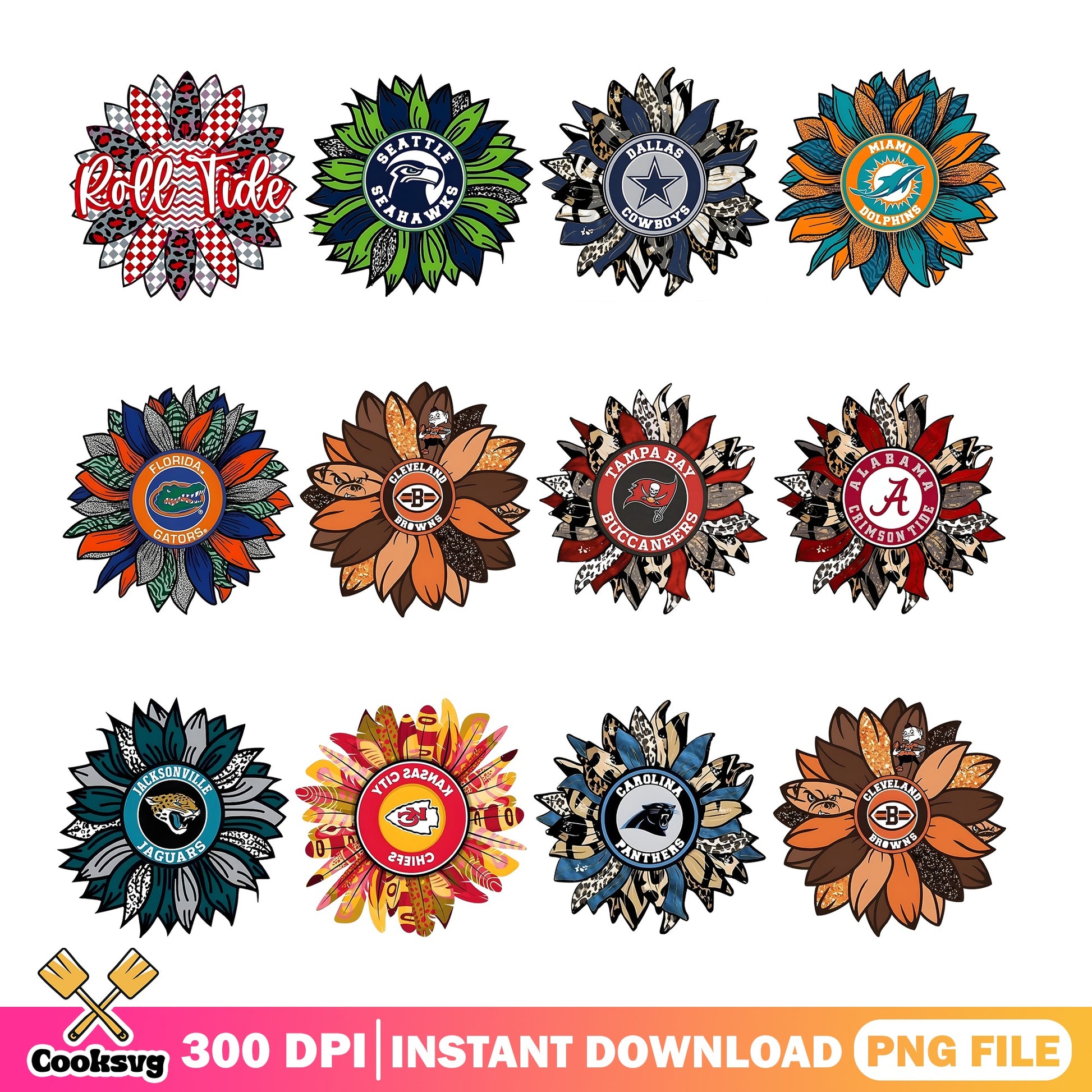 NFL Teams Sunflower Bundle PNG, Football Leopard Flower, Sports PNG