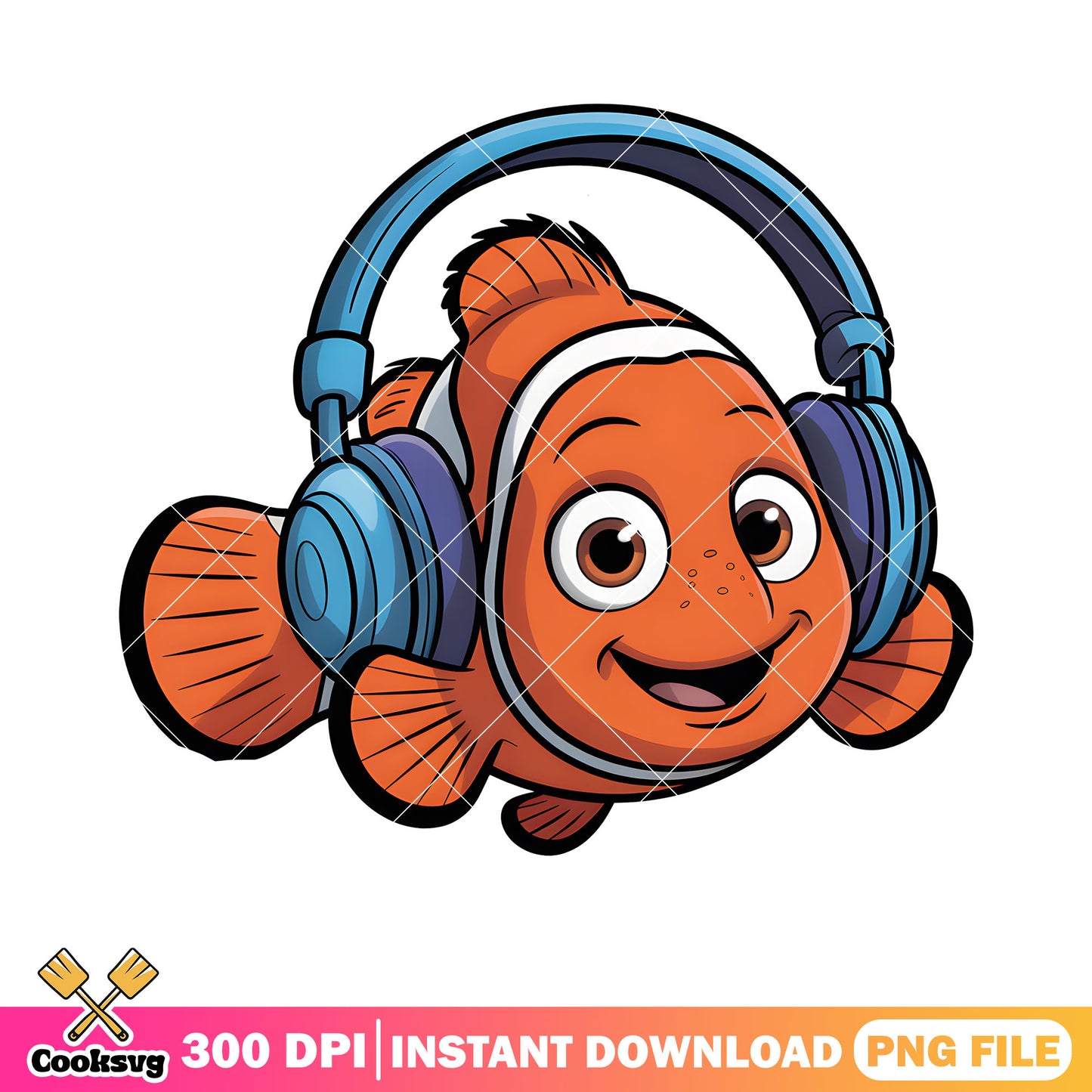 Nemo with blue headphone png, disney poster png, finding nemo png