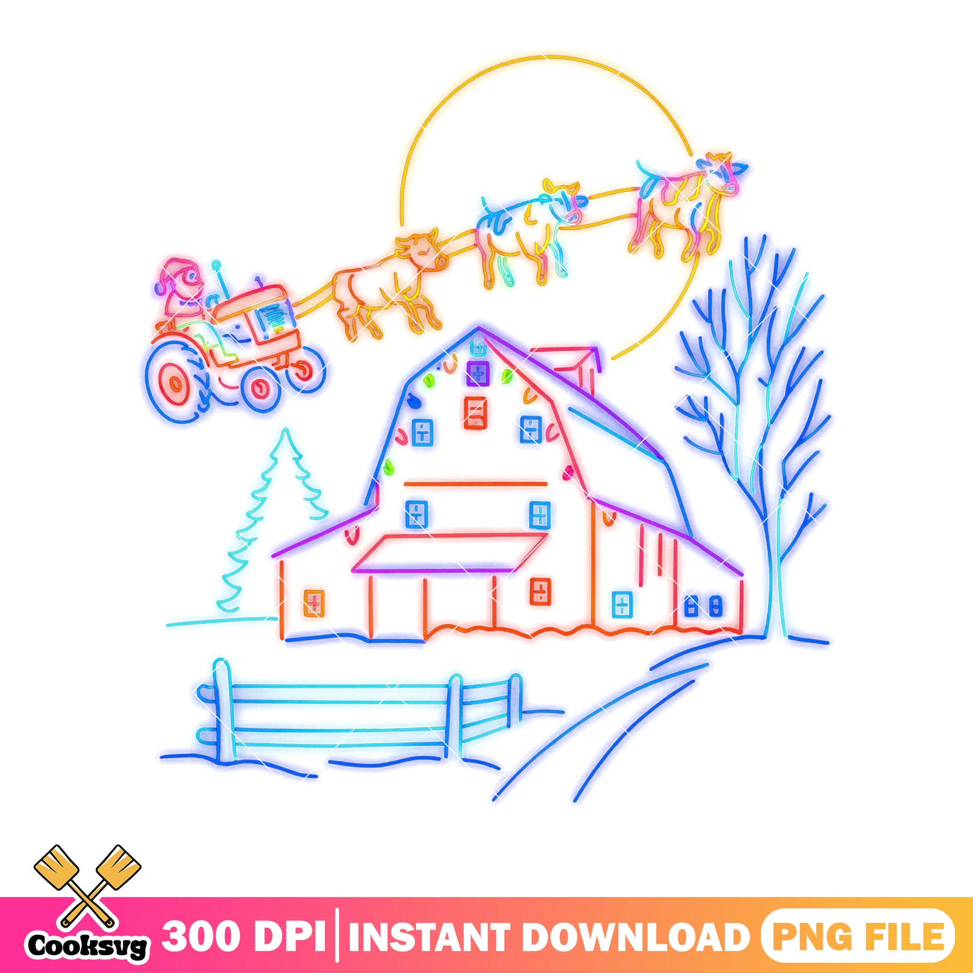 Neon cow sleigh christmas png, merry xmas png, xmas decorations png