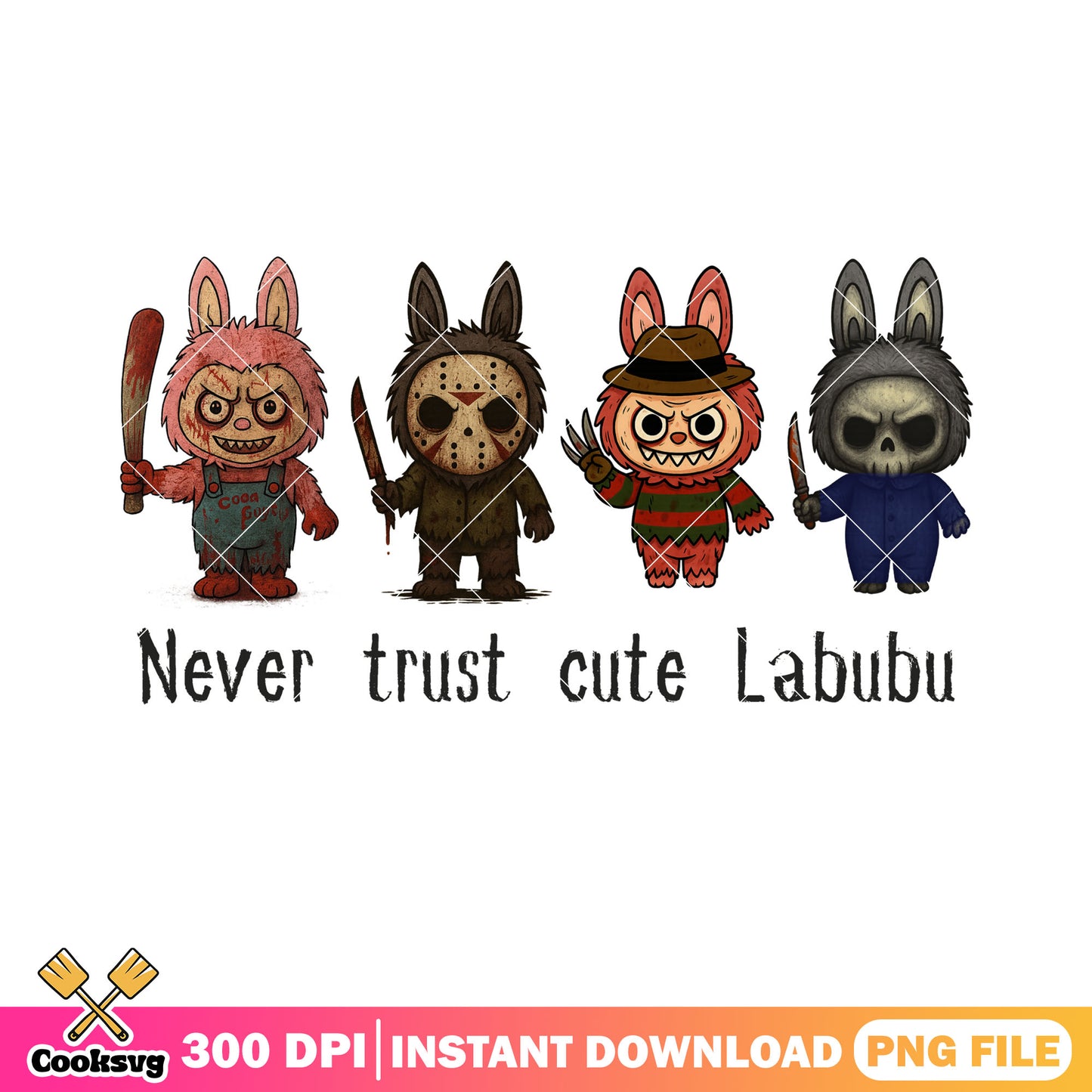 Never trust cute labubu png, scary halloween png, freddy krueger png