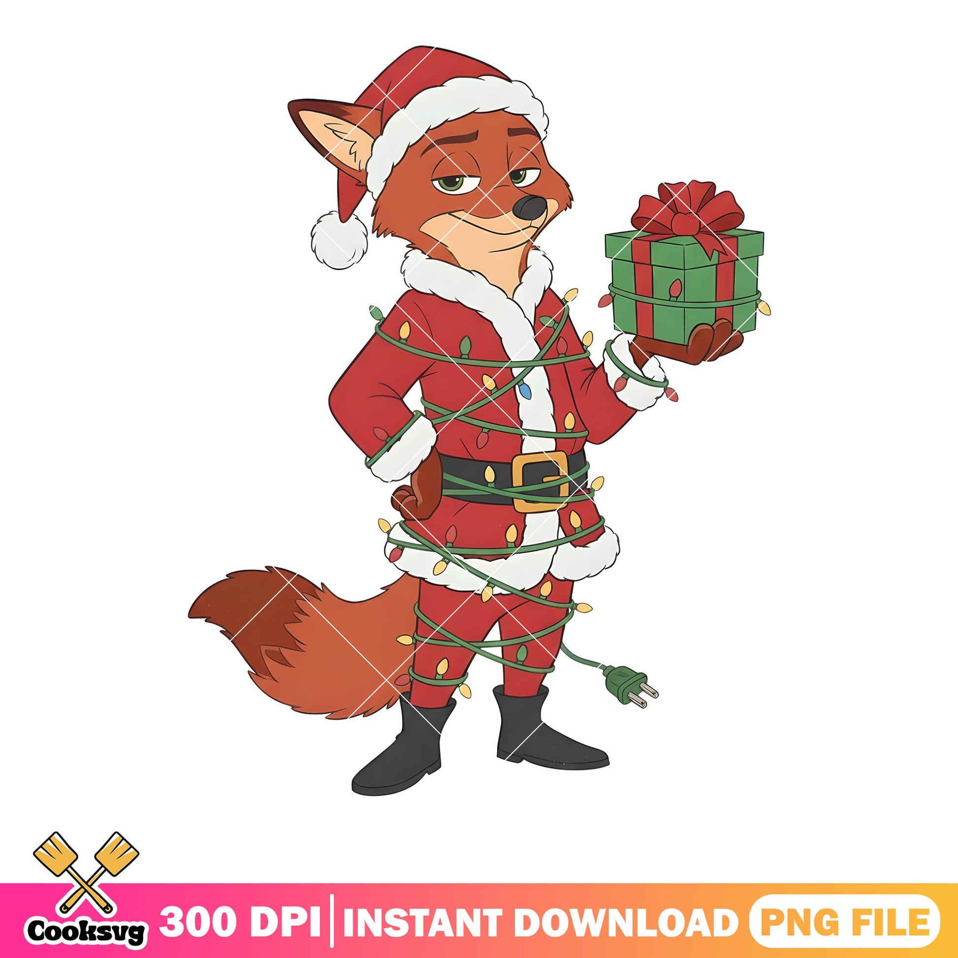 Nick wilde christmas funny png, light tangled png, gift christmas png