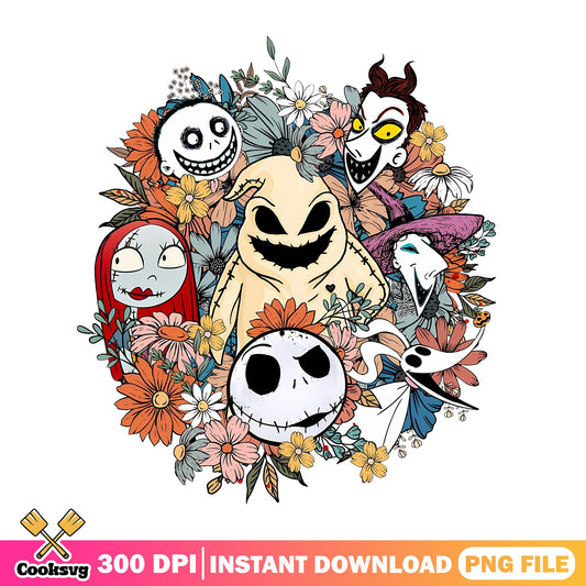 Nightmare Before Christmas Floral PNG, Jack Skellington PNG, Halloween PNG