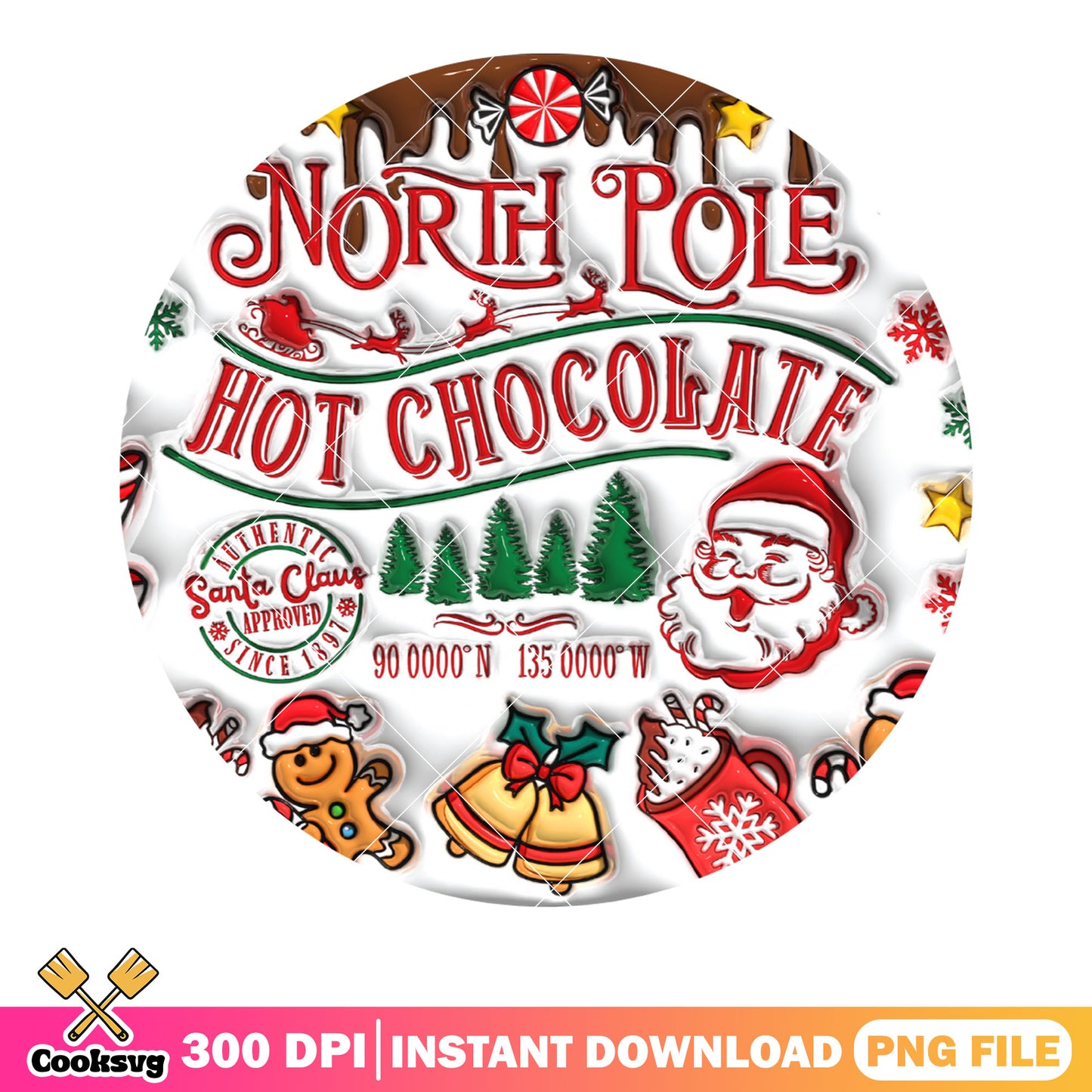 North pole hot chocolate png, christmas tree png, jingle bell png