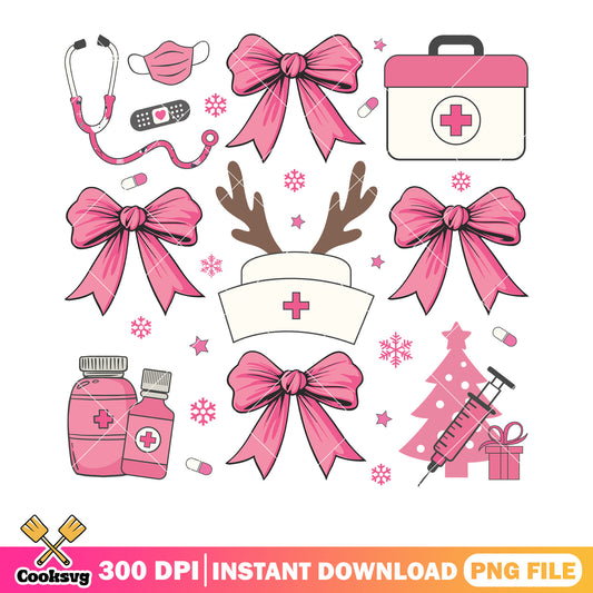 Nurse coquette pink christmas png, christmas bow png, merry xmas png