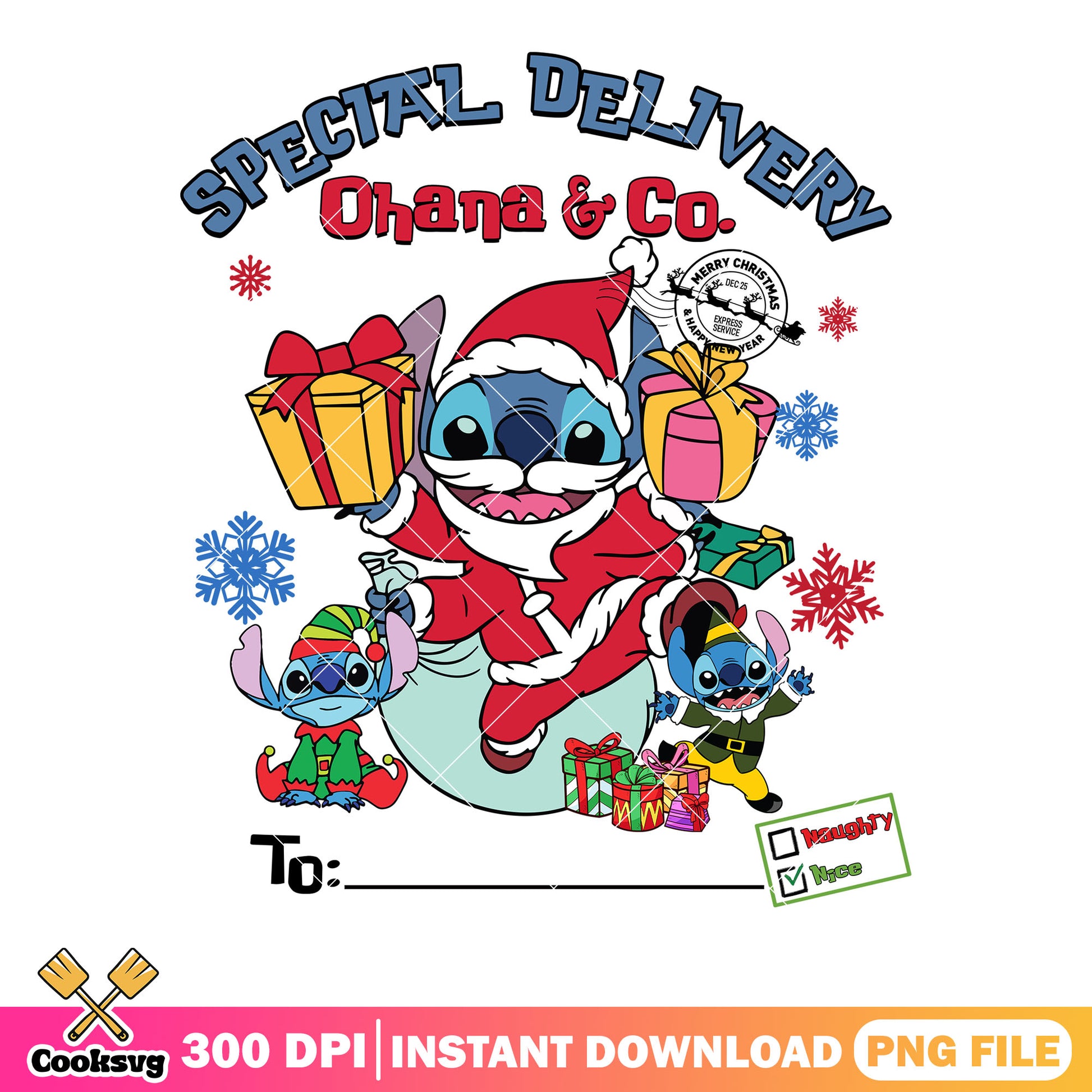 Ohana and co special delivery png, christmas stamps png, stitch png