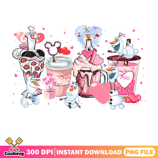 Olaf pink coffee valentine png, pink valentine png, coffee valentine png