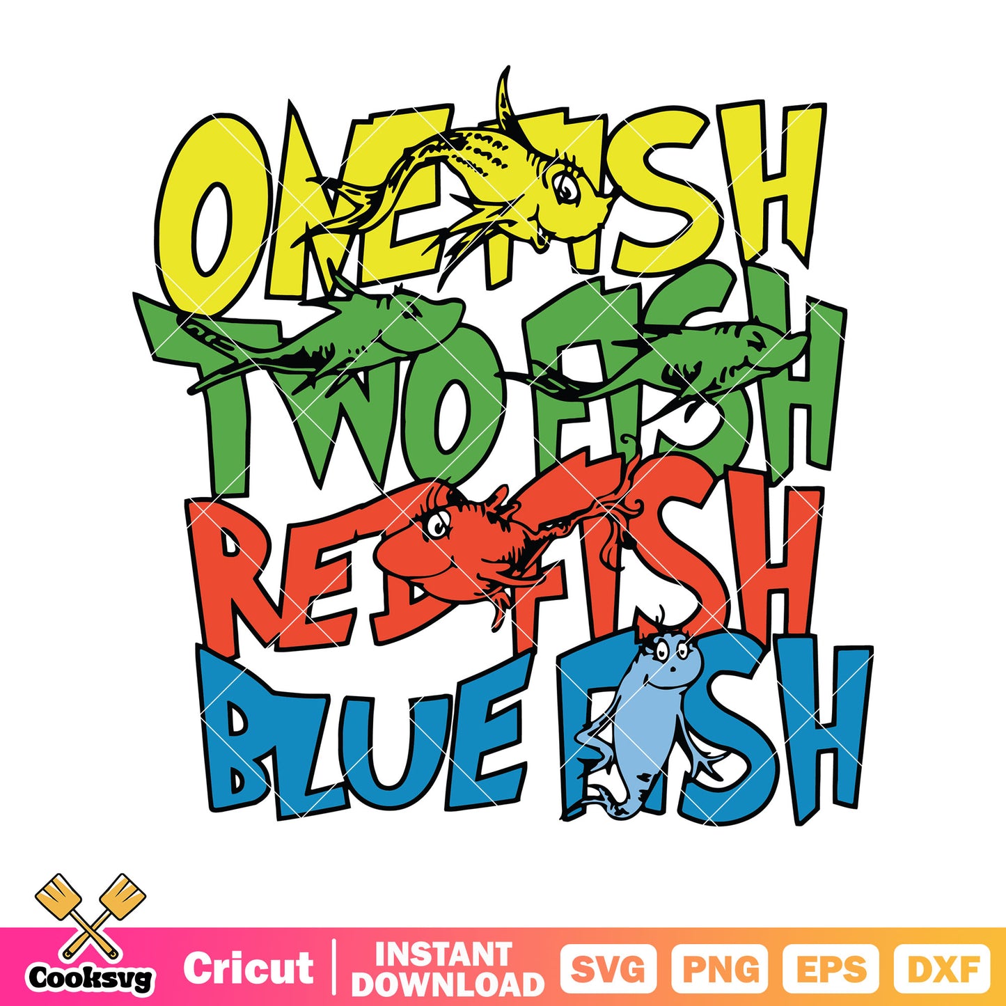 One fish two fish red fish blue fish svg, dr seuss fish svg