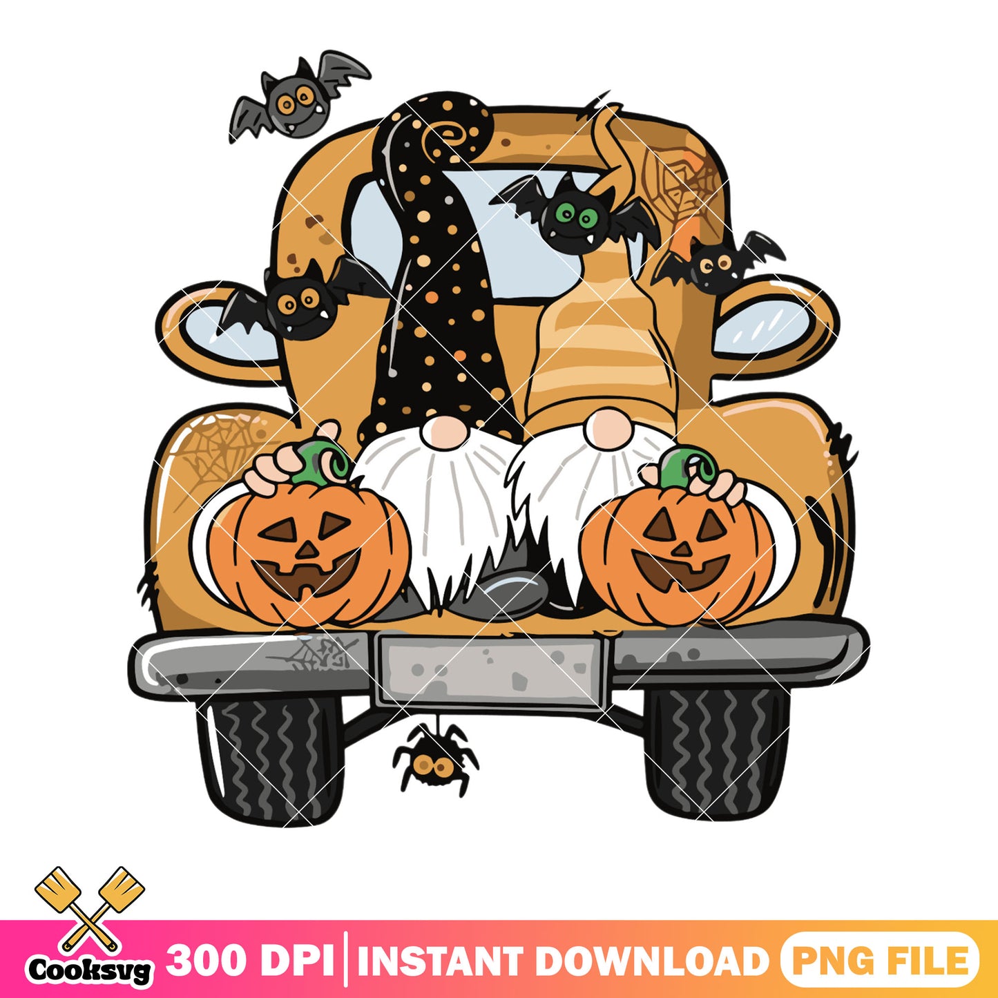Orange truck two gnomes png, jack o lantern png, halloween night png