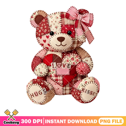Patchwork teddy bear png,hug kisses love png,valentine plush toy png