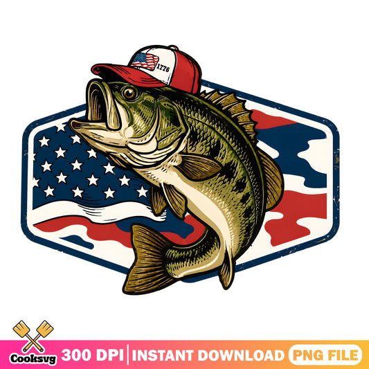 Patriotic Bass Fish Fishing PNG, American Flag, 4th Of July PNG