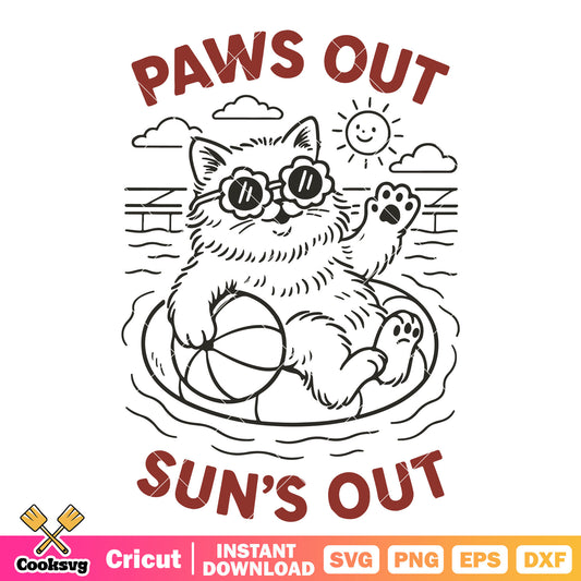 Paws out suns out svg, retro summer svg, cat summer svg