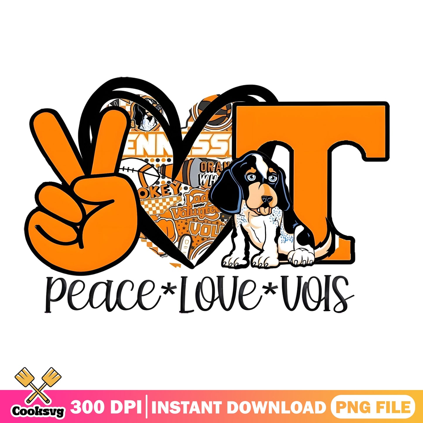 Peace Love Vols Tennessee Volunteers PNG, Smokey Dog PNG, Football PNG