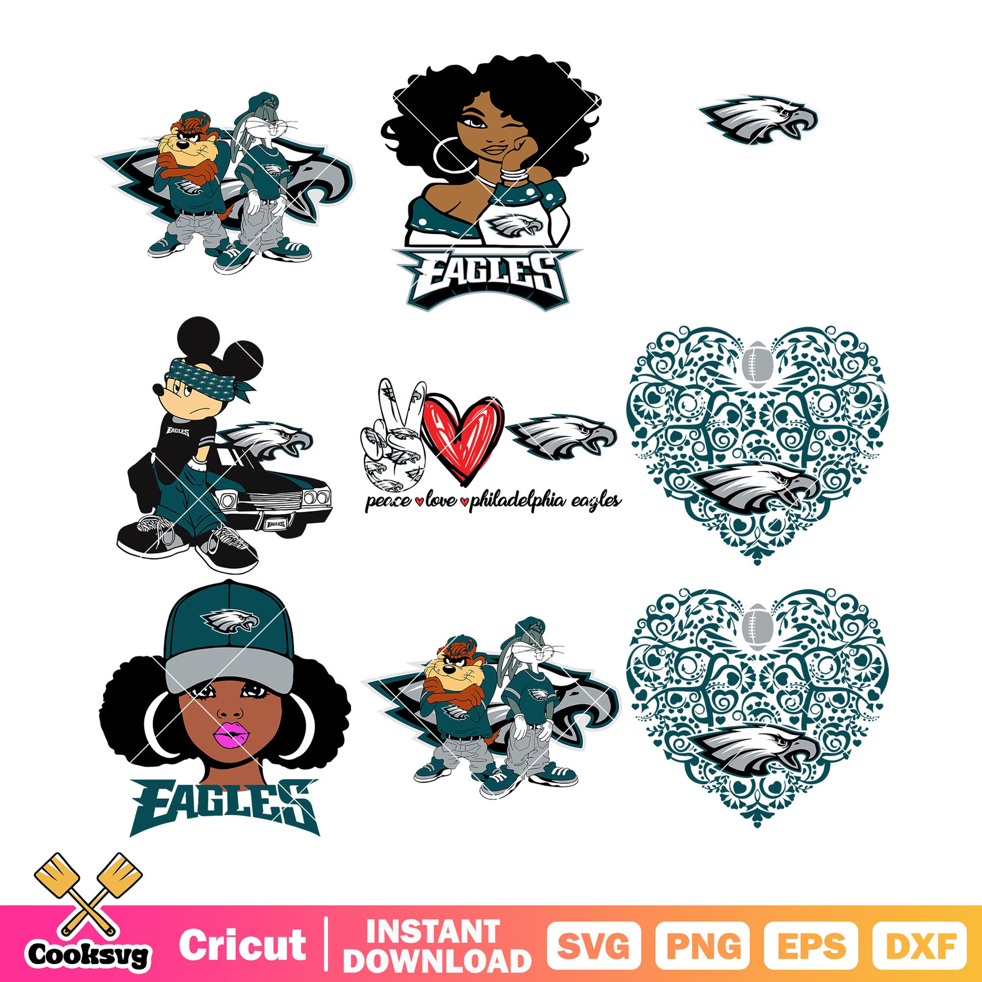 Peace philadelphia eagles bundle svg, bugs bunny svg, eagle head​ svg