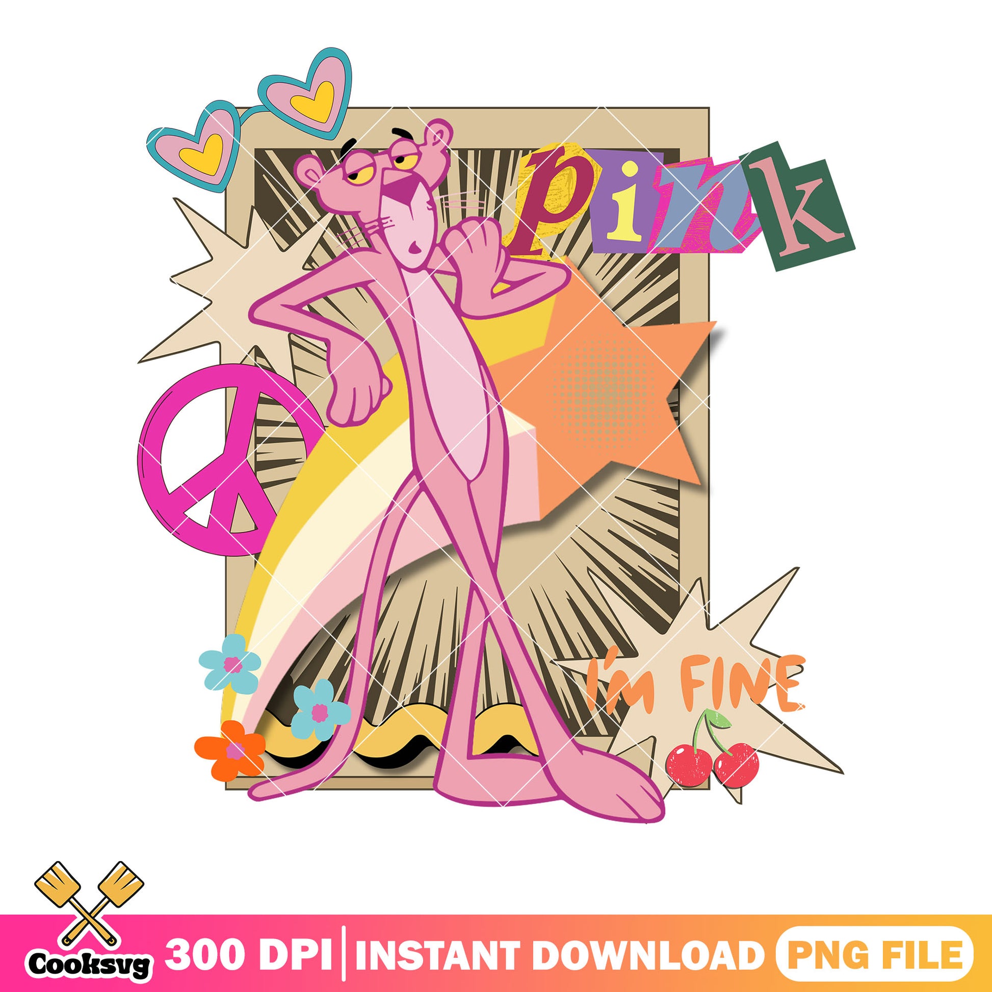 Peace sign with rainbow png, Pink Panther art png, 90s style png