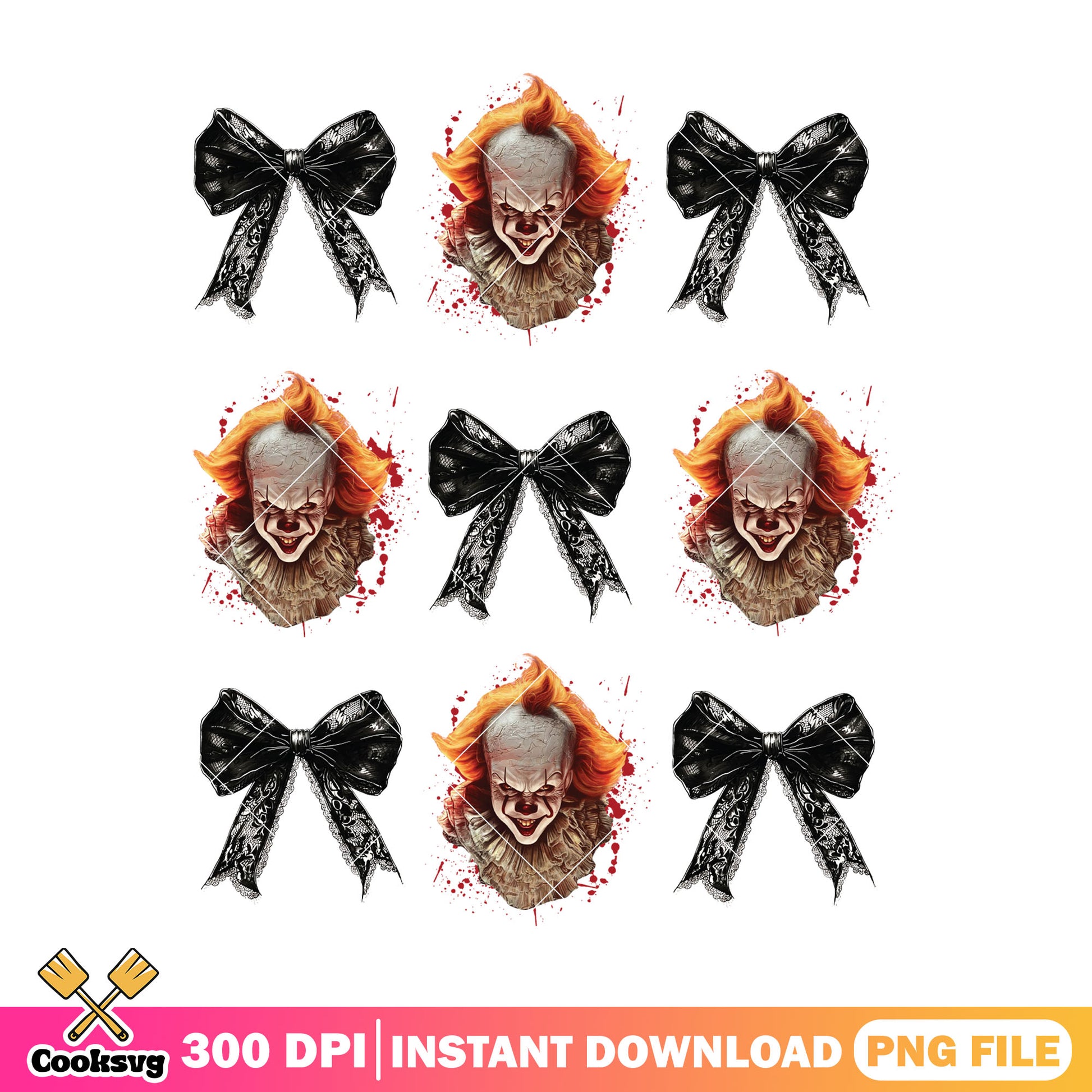Pennywise Clown and Bows Pattern png, horror png, halloween png