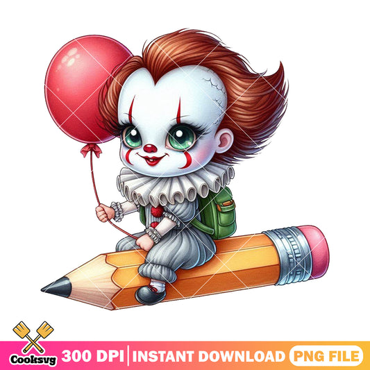 Pennywise on a pencil png, back to school art png, happy pennywise png