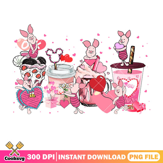 Piglet pink coffee valentine png, pink valentine png, coffee valentine png
