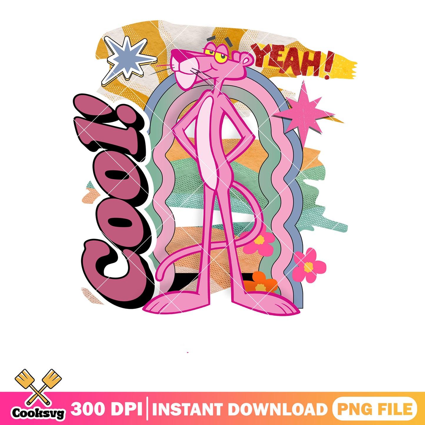 Pink Panther cartoon png, cool pose with rainbow png, cartoon network png