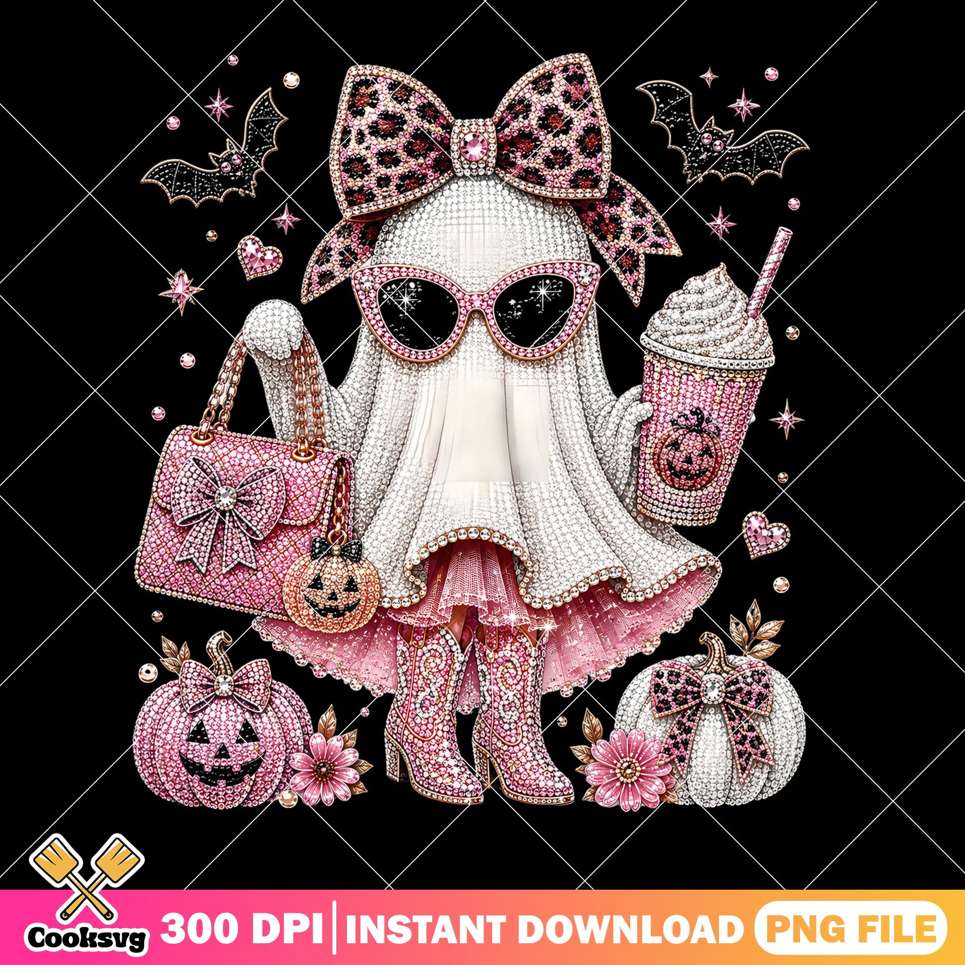 Pink Ghost Halloween PNG, Boo Rhinestone Leopard, Spooky PNG
