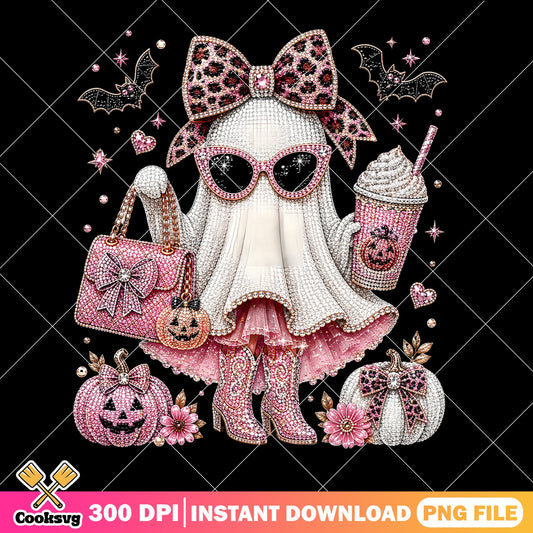 Pink Ghost Halloween PNG, Boo Rhinestone Leopard, Spooky PNG
