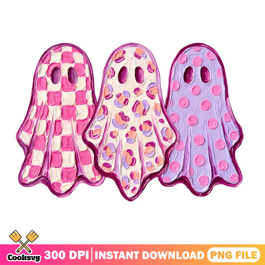 Pink Retro Ghost Halloween PNG, Cute Ghost Trio PNG, Spooky PNG