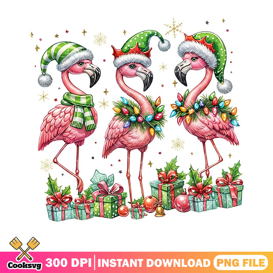 Pink flamingo christmas png, christmas gifts png, santa costume png