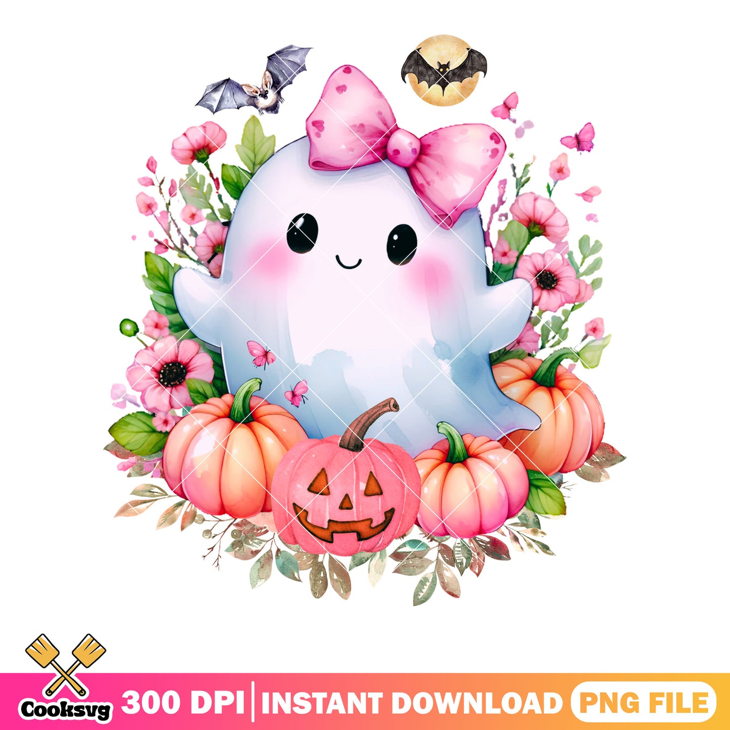 Pink jack o larntern ghost png, pink bow tie png, halloween scary png